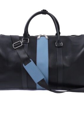 Rylor Black Italian Leather Duffel with Blue Center Stripe and Adjustable Strap